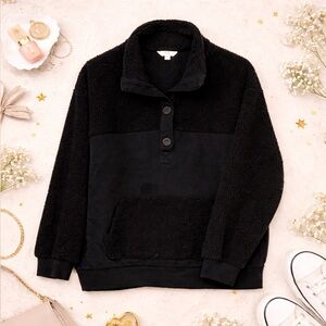 Black Fleece Pullover with Button Collar